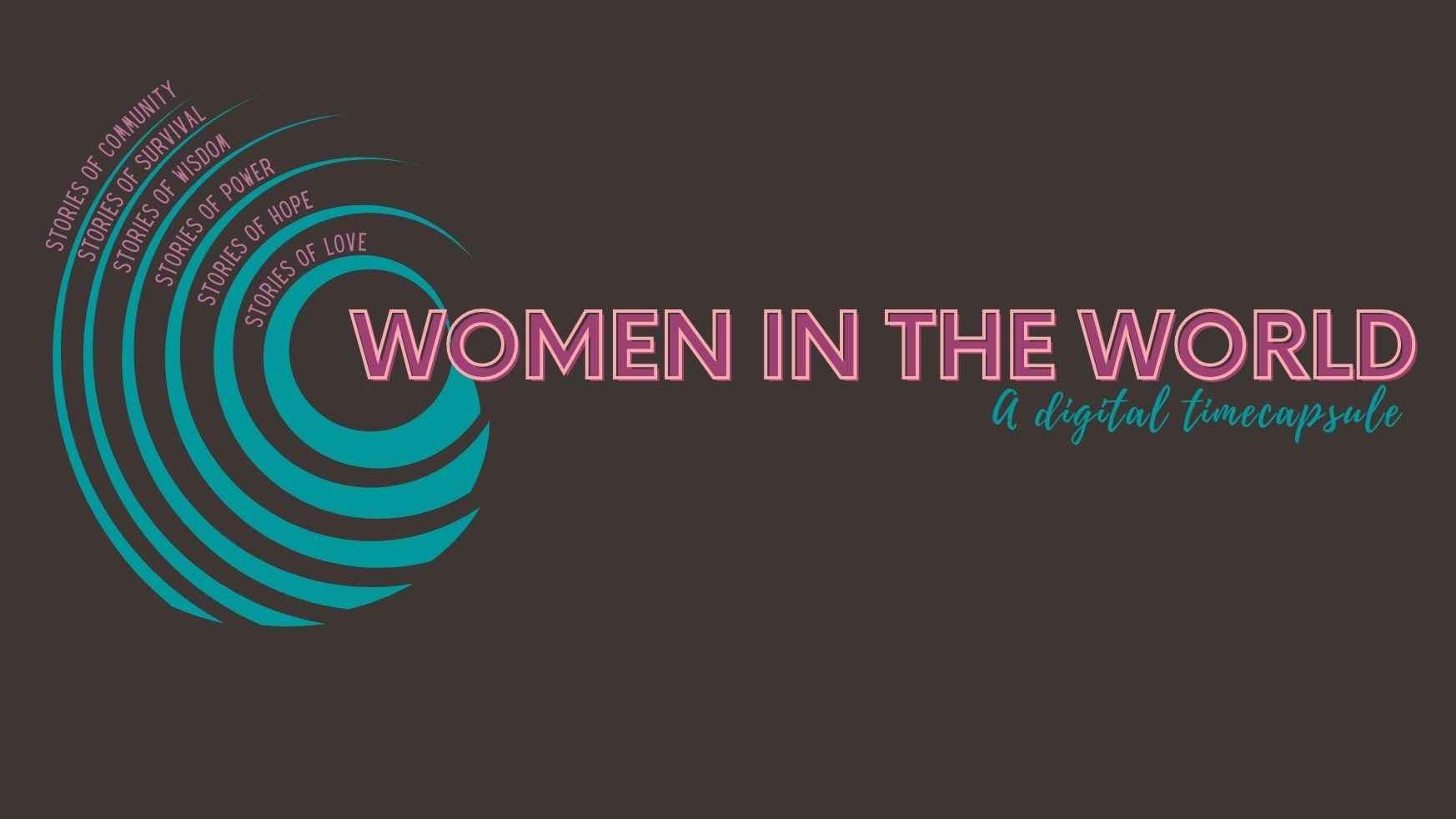 A teal coloured spiral with the story categories placed inbetween. The logo text reads Women in the World - a digital timecapsule. The story categories are Stories of Community, Survival, Wisdom, Power, Hope and Love.
