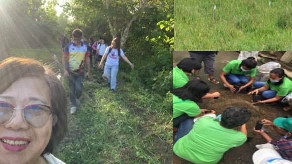 Left photo shows a woman taking a selfie with a group behind her. (Right) Six women squatting in a circle around a garden soil holding seedling bags. 