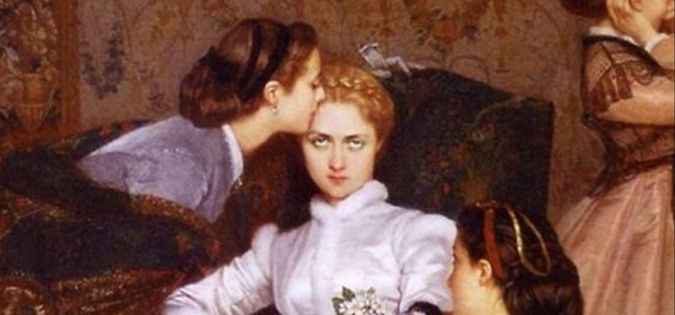 This is a oil painting titled The Reluctant Bride painted by Auguste Toulmouche.