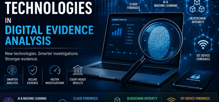 Digital forensics dashboard featuring AI, cloud forensics, blockchain integrity, and IoT investigation technologies.
