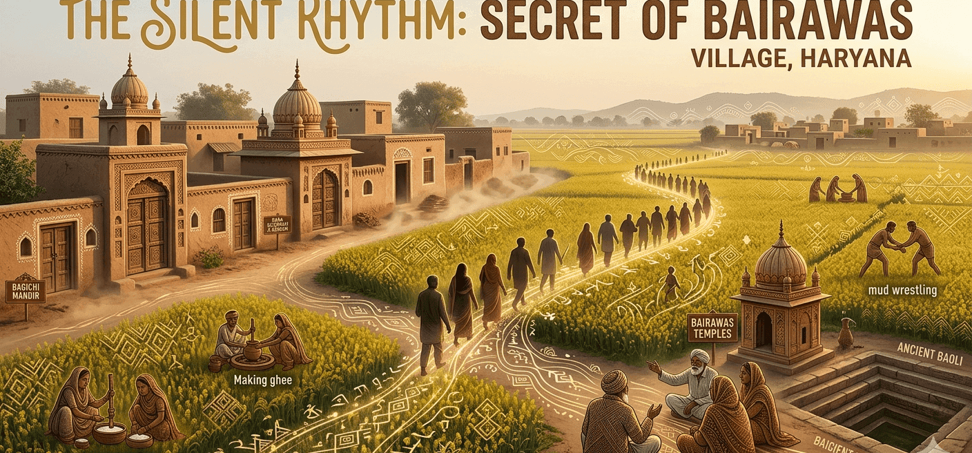 Central Path: A winding dirt trail through the fields is illuminated with intricate, glowing white folk-art 